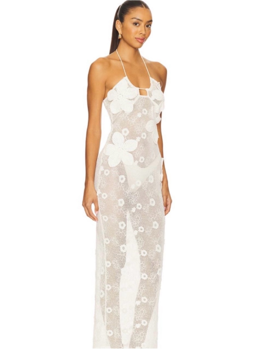 Cream Floral Crochet Halter maxi Dress - Picture 5 of 6
